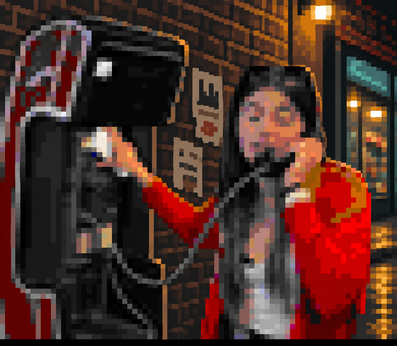 iconap0p using a payphone outside a brick corner store at night, in chunky ANSI-style art.